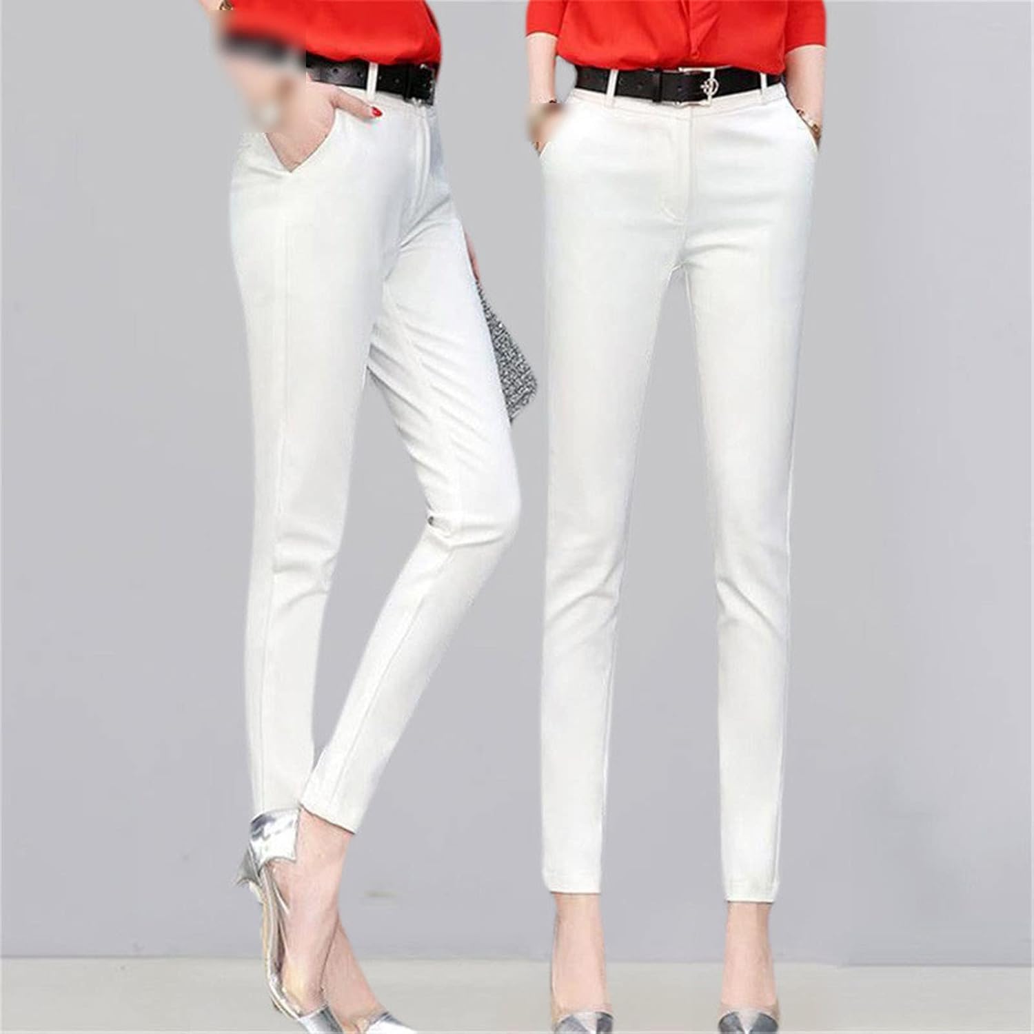 Kelsiop Cotton Pencil Pants Women's Office Stretch Tight Mid-Waist Cropped Pants Spring and Ankle Work Suit Pants