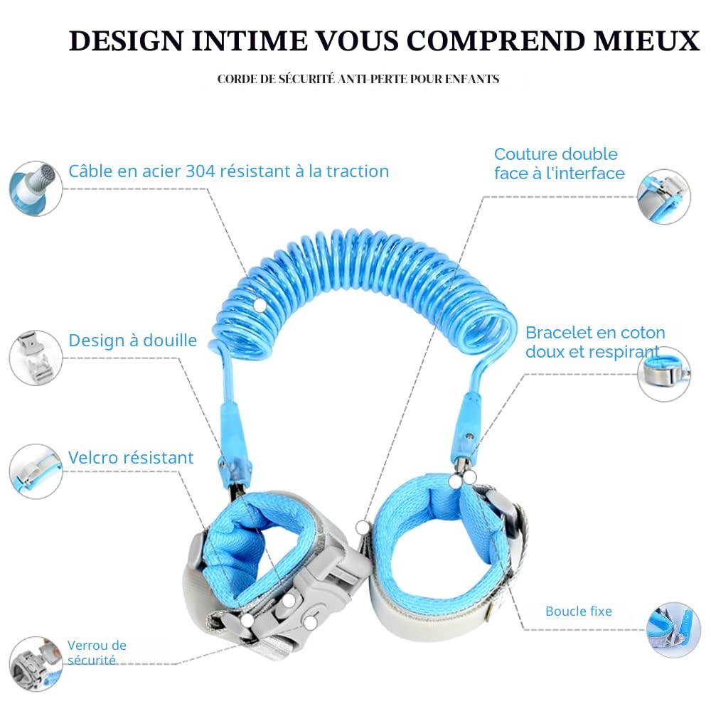 2M Harnais Enfant,Laisse Enfant Poignet de 360° Rotation Harnais de Sécurité,Bracelet Anti-perte Confortable pour Bébé,Voyage Essentiels