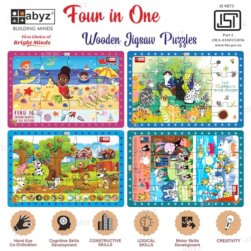 Image of ABYZ Wooden Jigsaw Puzzle - Wolves & Tigers, Farm Animals, Cats in Jungle, Beach Play, Playset for Little Explorers, 63 Pieces - Pack of 4 | Birthday Gift for (3 Plus Years) Age Kids.