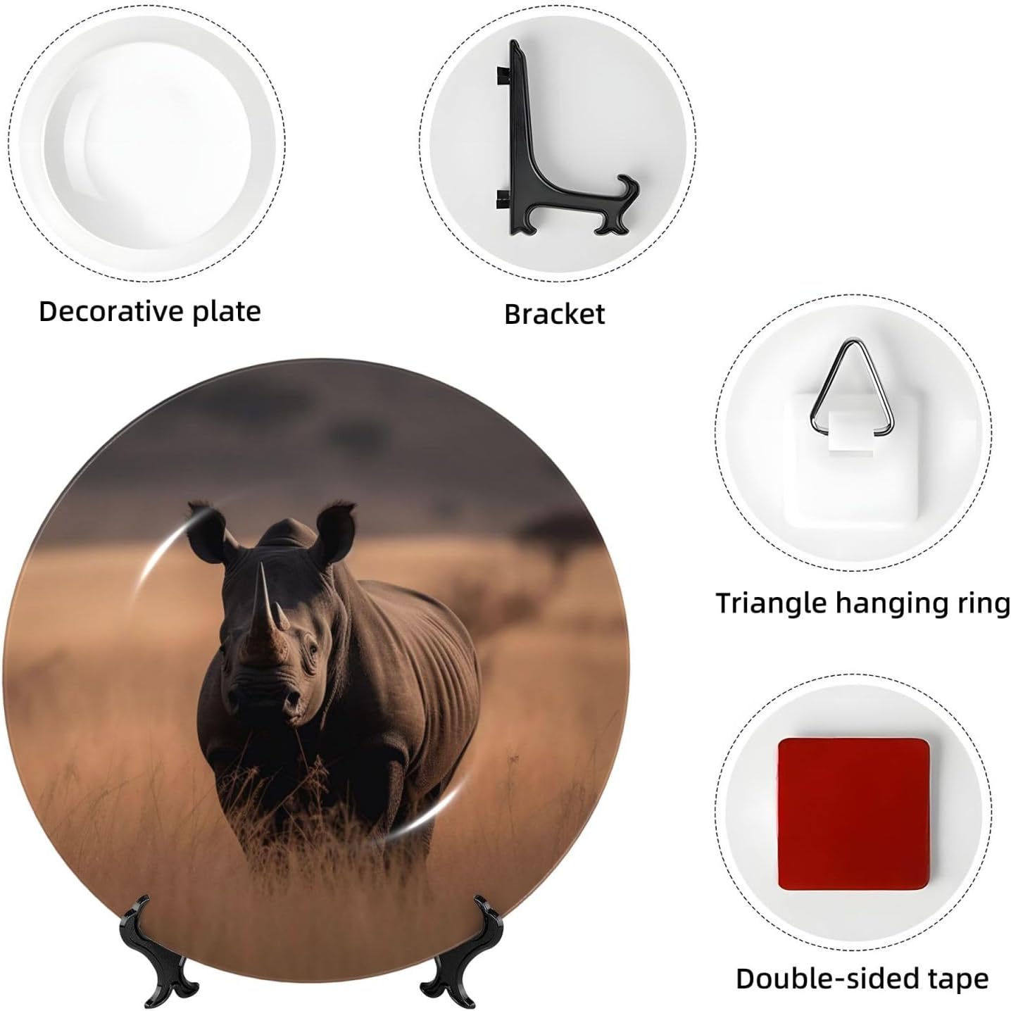 Bone China Decorative Plate 6in Ceramic Dinner Plates Big Rhino in the Wilderness Decorative Plates with Display Stand Hanging Porcelain Plate for Home Office Wall Decor