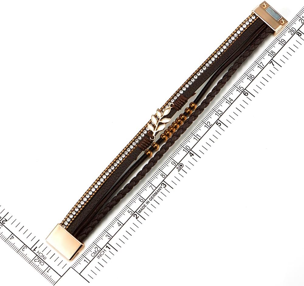 Women's Boho Leather Wrap Bracelet with Gold Color Leaf Charm, Beads and Rhinestone, Multi-Layer
