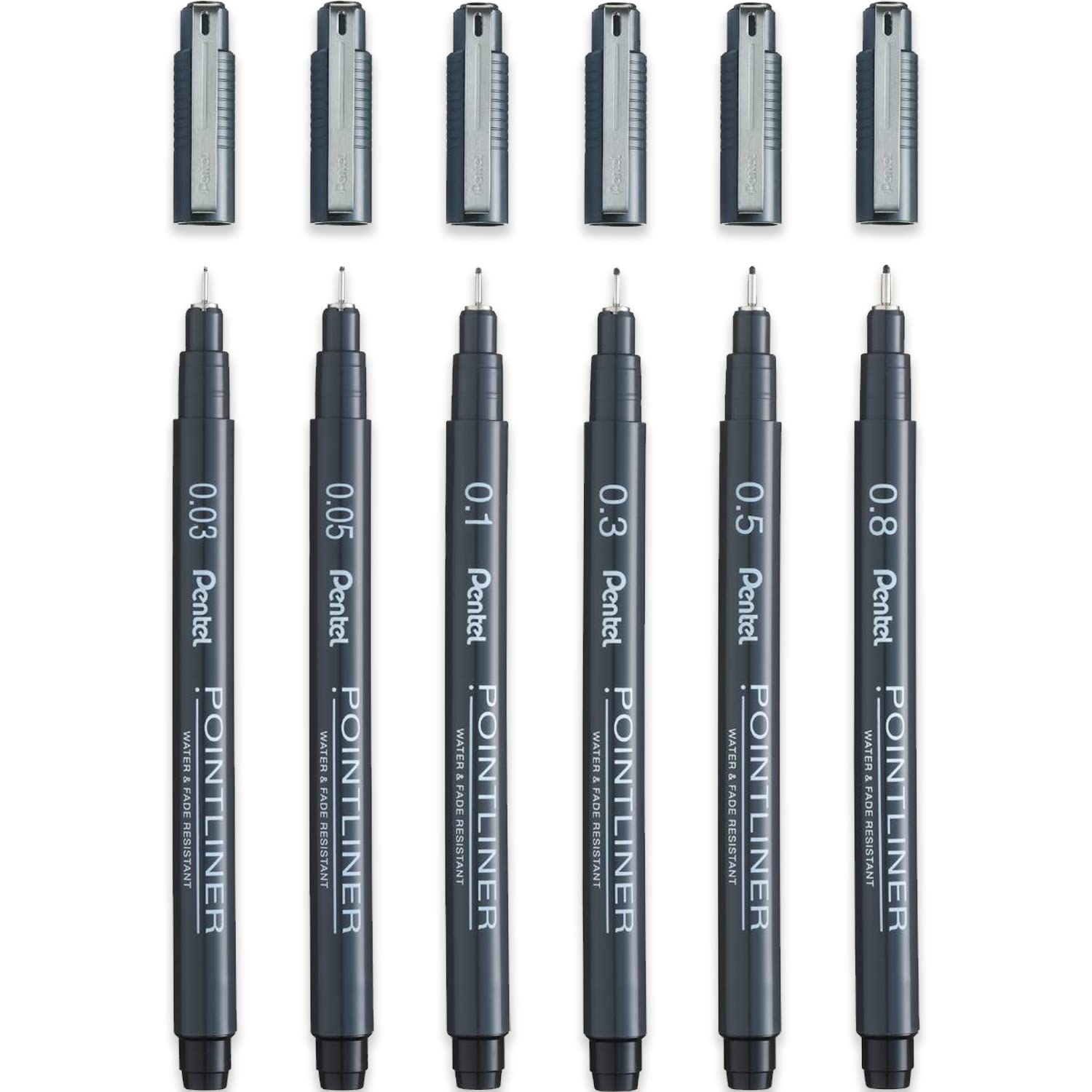 Pentel S20P Pointliner Pigment Liner Technical Drawing Fineliner Pen - 0.03mm, 0.05mm, 0.1mm, 0.3mm, 0.5mm, 0.8mm - Black Ink - Pack of 6