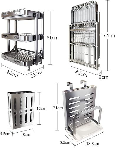 Miniatura 7 de Escurridor de platos de cocina de acero inoxidable montado en la pared con bandeja de drenaje, estante plegable para platos, tablas de cortar,