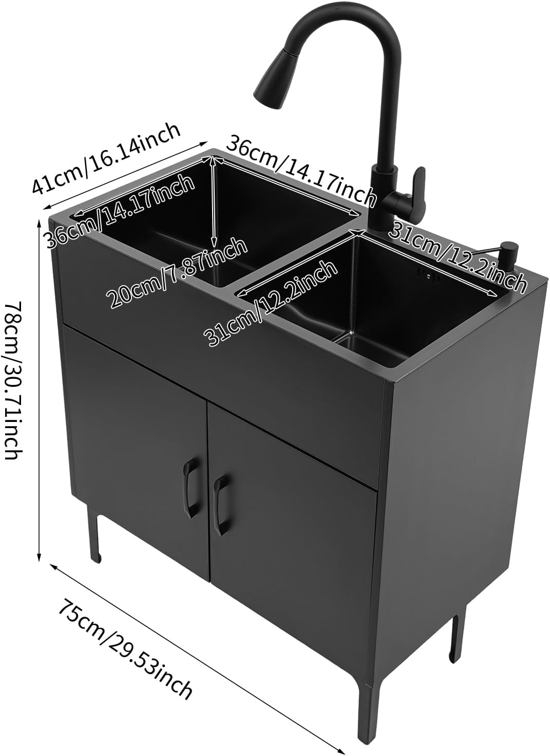 Double Basin Bathroom Vanity, Modern with 2 Ceramic Sinks & Pull-Out Faucet, Black Stainless Steel Cabinet and Drawer Combo