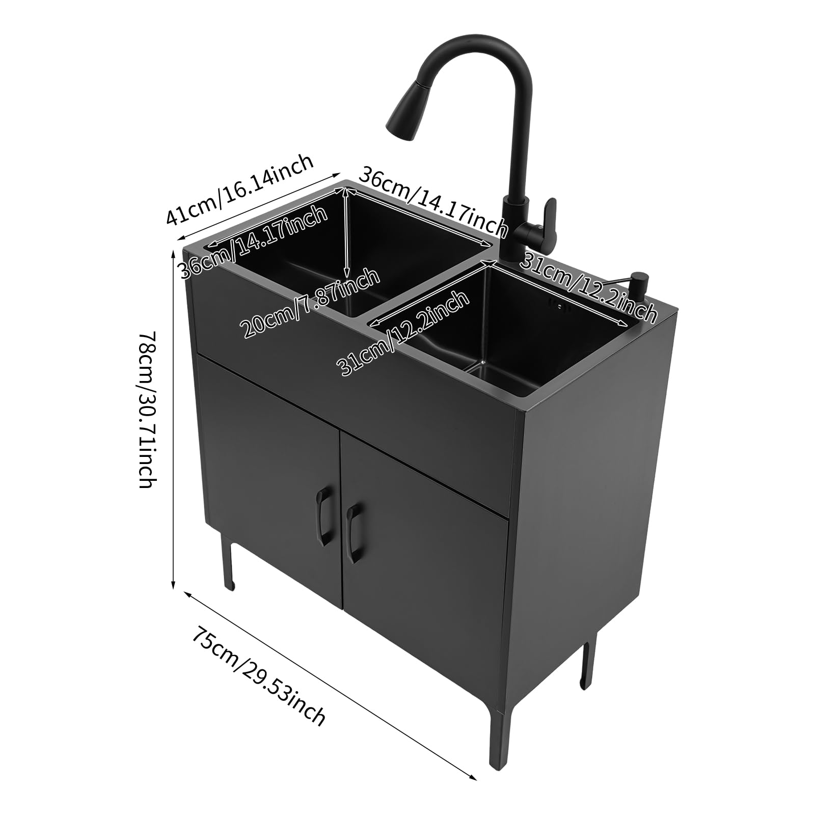 Lavello da cucina autoportante in acciaio inox con 2 vasche da 75 x 41 cm, lavello nero con rubinetto estraibile e mobiletto inferiore, per cucina domestica, giardino, esterni, lavanderia