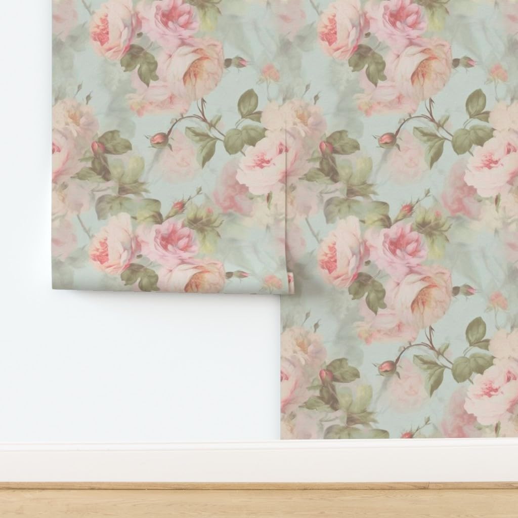 Spoonflower Removable Wallpaper 3ft x 2ft - Watercolor Roses Botanical Cabbage Rose Vintage Large Scale Floral Leaves Custom Pre-Pasted Wallpaper
