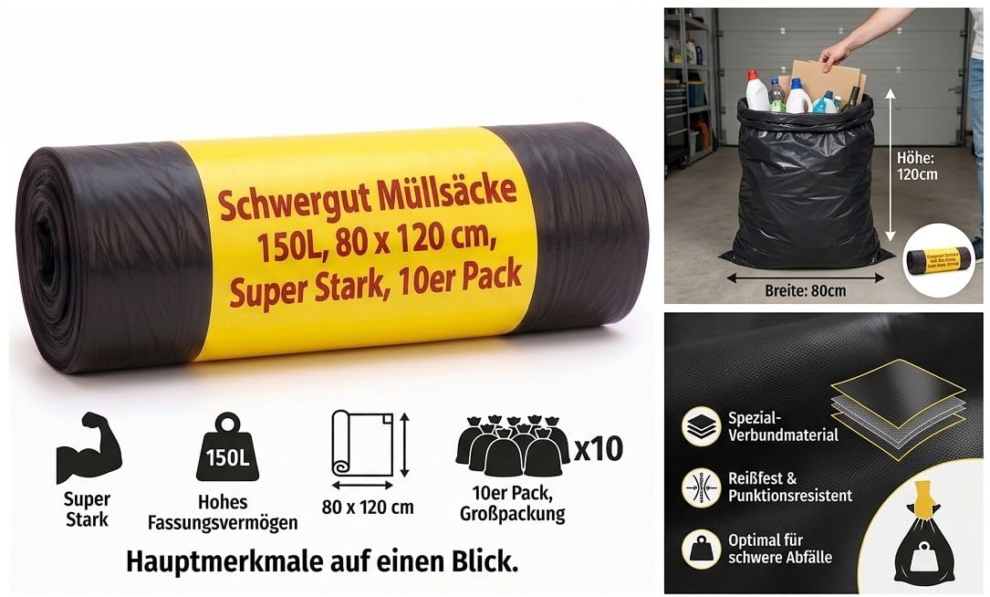 150L Schwergut Müllsäcke 10x 10er Pack, Müllbeutel, Mülltüte, Müllsack