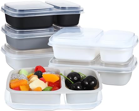 Honeydak 5 Pack Lunchable Snack Containers 2 Compartment Divided Bento Snack Boxes Reusable Meal Prep Containers with Lids Lunch Food Storage Box for School Work TravelWhite Black
