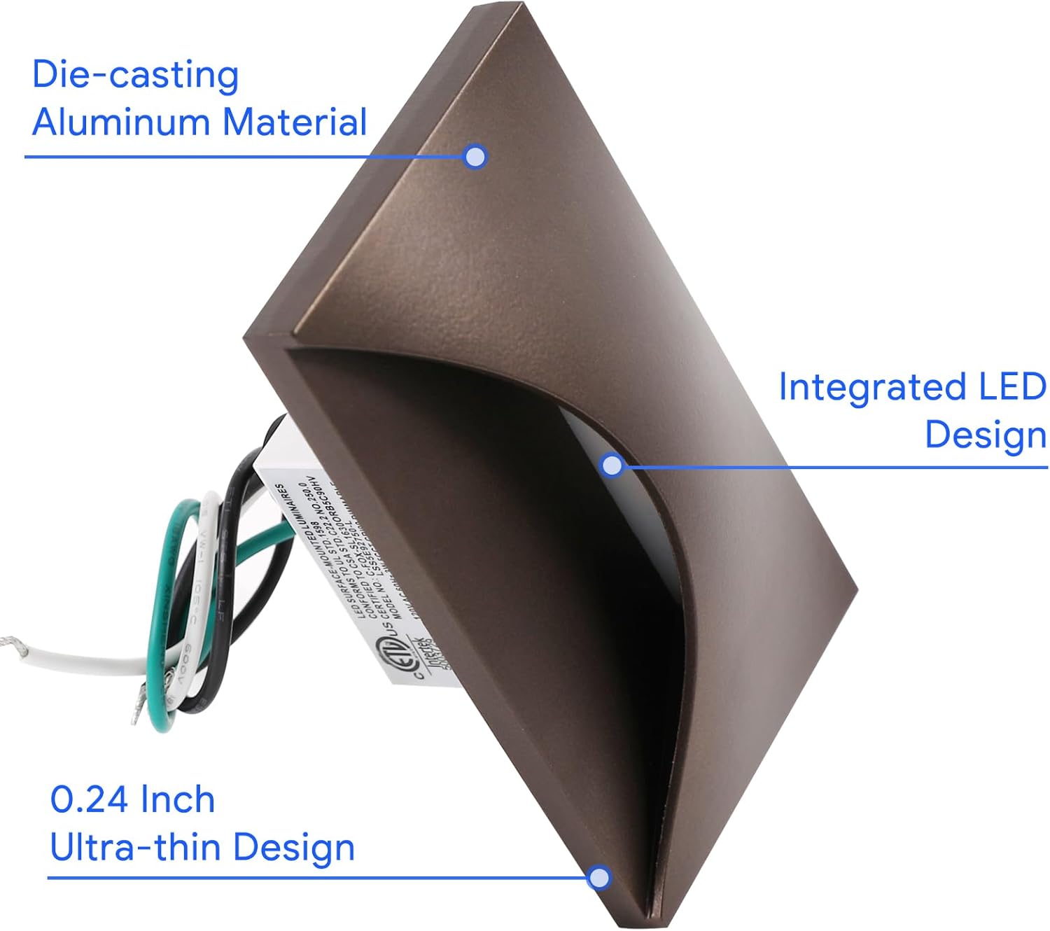 Close-up view of the Energetic LED Step Light, highlighting its die-casting aluminum material, integrated LED design, and 0.24 inch ultra-thin profile.
