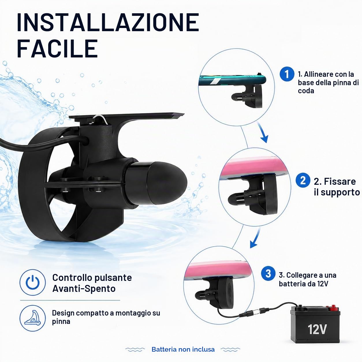 Thruster subacqueo per tavole da surf, propulsione elettrica subacquea, sistema di propulsione, propulsione a vite, kit di thruster subacqueo, per paddle board, tavole da surf, ecc