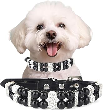 Beaded Dog Collar, PU Leather Male Pearl Cat Collar with Crystal Black, XS | Diamond Rhinestone Jewlled Cute Dog Necklace for XXS XS Small Medium Dogs Wedding & Birthday Gifts