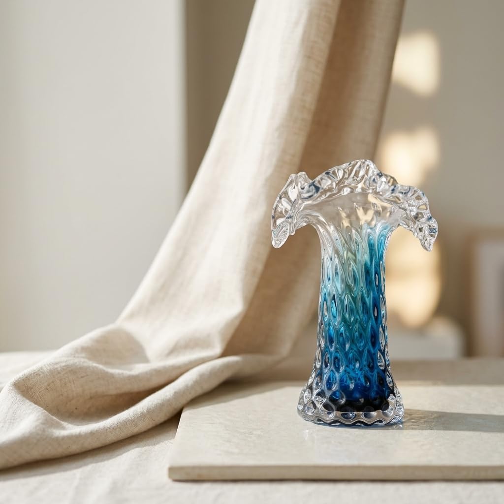 ok. 19,5 cm ręcznie dmuchany szklany wazon na kwiaty, niebieski wazon ombre z falowaną krawędzią lotosu i wzorem bąbelków, wazon na stół do stylu boho, wiejskiego domu, wybrzeża, salonu, sypialni
