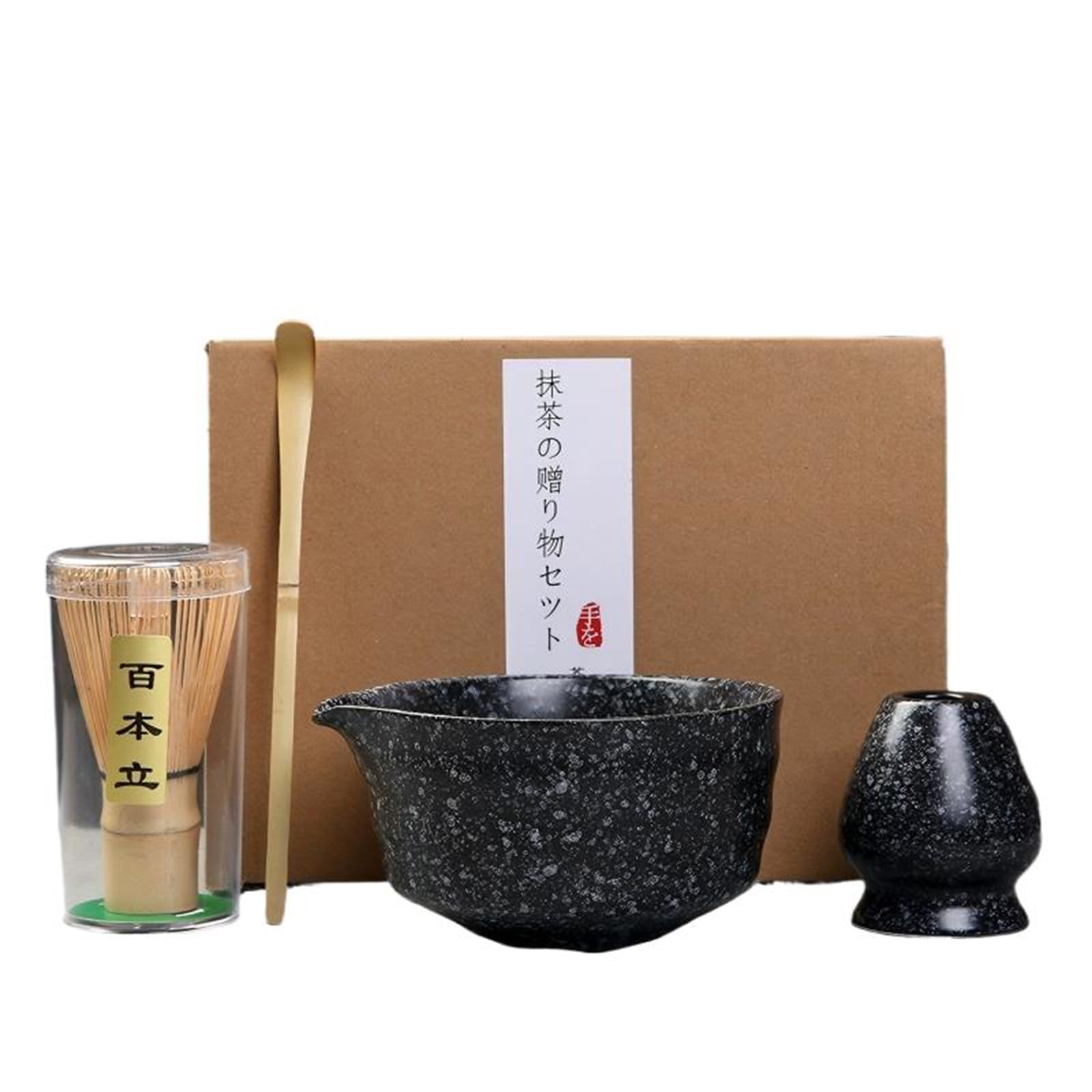 抹茶4点セット お点前セット 日本茶セット 茶道具セット 抹茶茶道 茶碗 百本立茶筅 茶筅立て 茶杓 抹茶 粉末 泡立て器（ブラック）