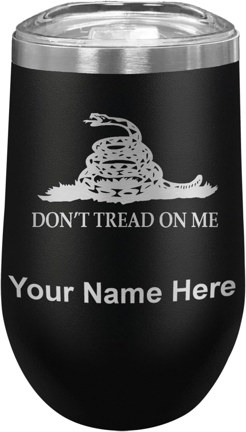 LaserGram 16oz Double Wall Stainless Steel Wine Glass Tumbler, Gadsden Flag, Personalized Engraving Included (Black)