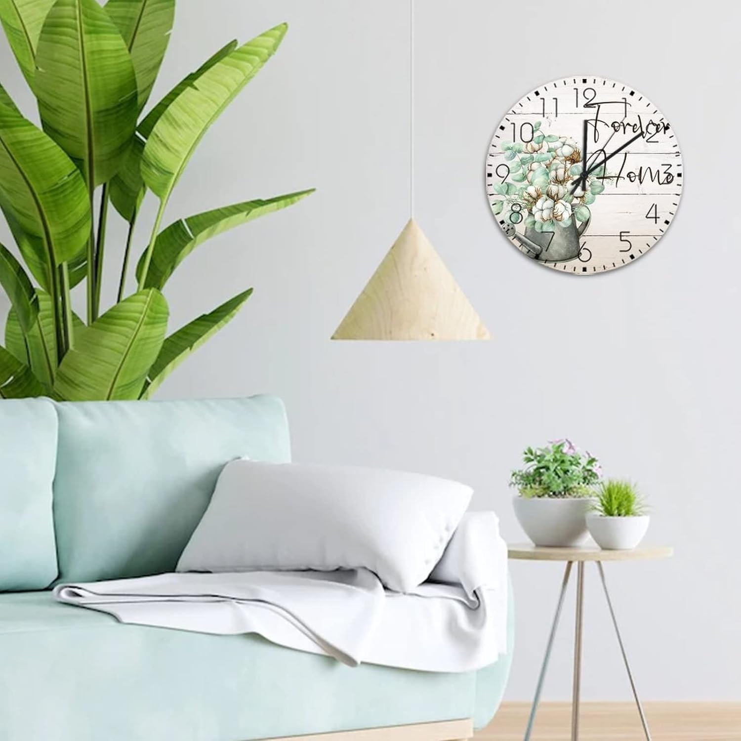 Minimalist Wood Clock Non-Ticking Quartz Battery Operated Forever Home Watercolor Mason Jar Floral Personalized Wall Clocks Cotton Flower in Vase Wall Decor for Restaurant Patio Conference Room 10"