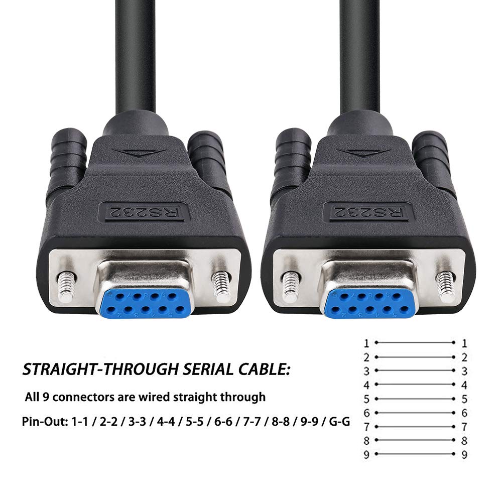 DTECH 6 ft RS232 Serial Cable Female to Female 9 Pin Straight Through (Black, 2 Meters)