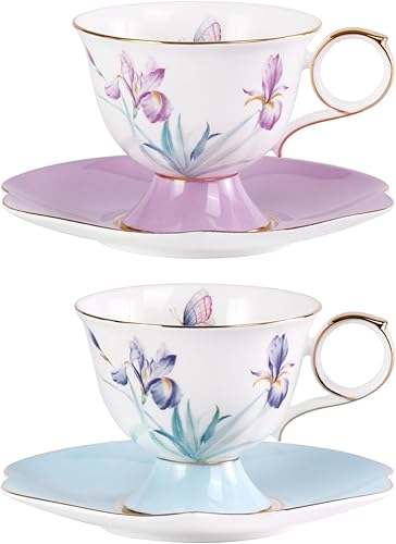 Miniatura 13 de KAMMAK Juego de 2 tazas de café de cerámica, tazas de café de porcelana con platillos, 6.52 onzas hechas a mano, elegante taza de té de porcelana de