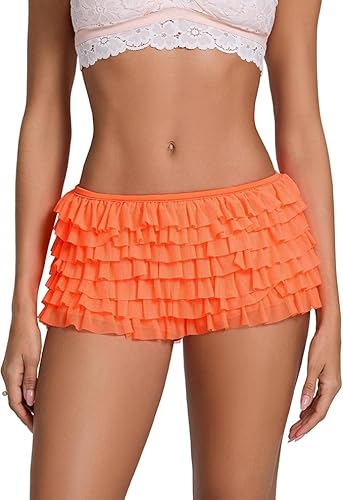 Women Lolita Bloomers Shorts Y2k Ruffle Layered Lace Mesh Sheer Pumpkin Mini Pettipants Sexy Boy Bottoms Panties (Orange Mesh, L)