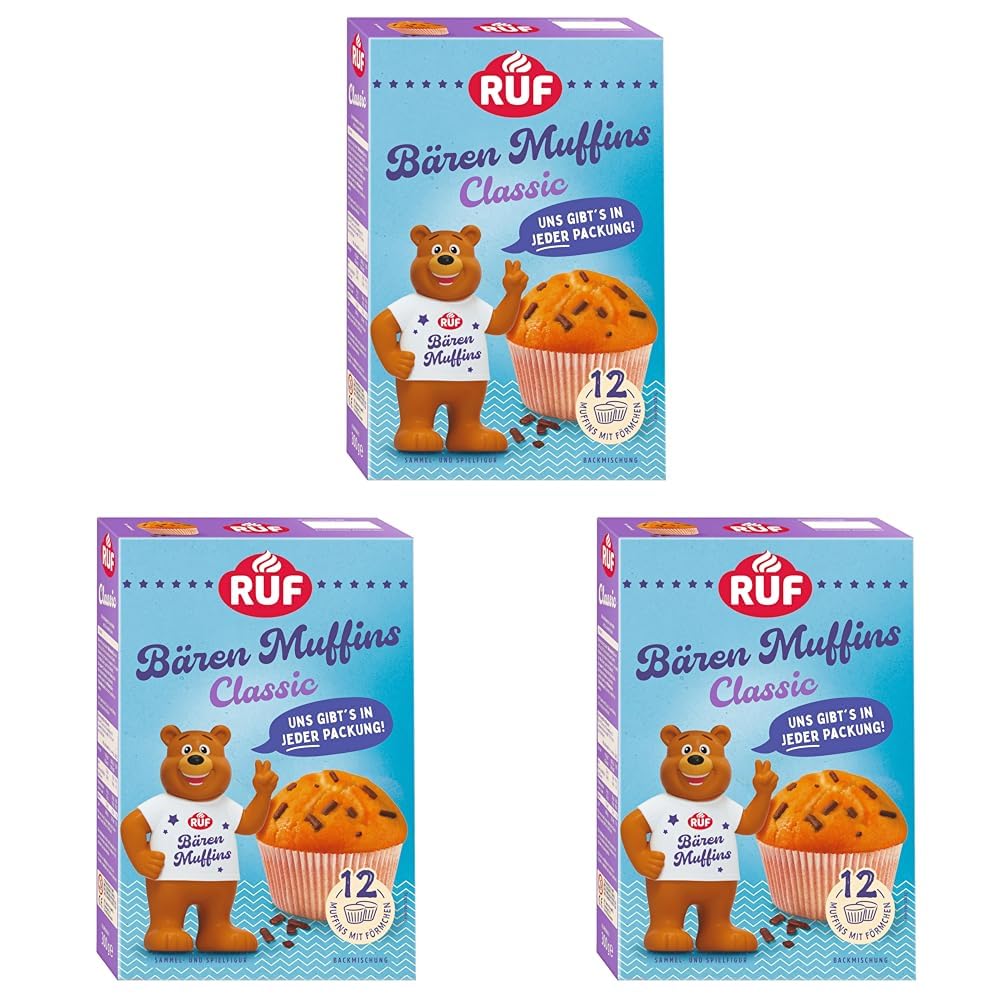 RUF Bärchen Muffins Classic, Backmischung für 12 fluffige Muffins mit Schoko Flocken, inkl. Bären Sammelfigur und Muffinförmchen, ideal für Kinder, Familien & Geburtstage (Packung mit 3)