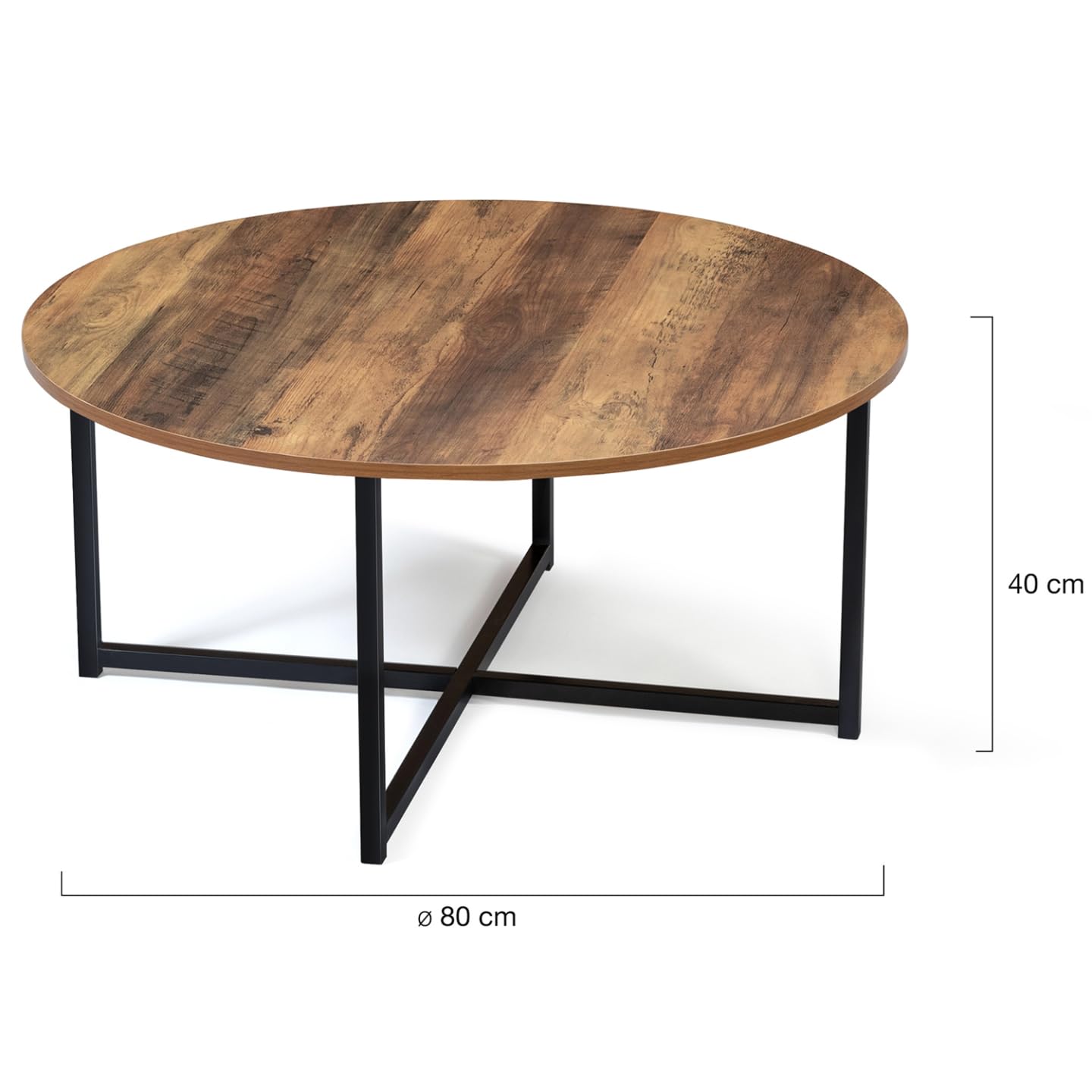 IDMarket - Mesa baja redonda Hawkins 80 cm, madera oscura, diseño industrial