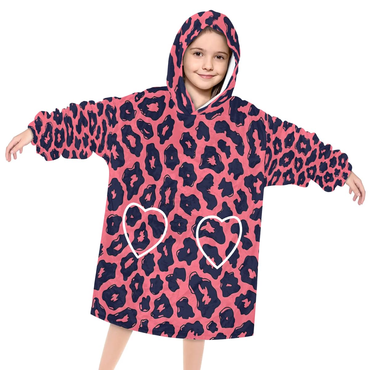 Wearable Blanket Hoodie for Kids, Glamorous Leopard Print Fleece Sweatshirt Blanket Oversized Blanket Sweatshirt with Pocket Flannel Warm Hooded Blanket 6-10 Year Old Girl Boy Gift, One Size
