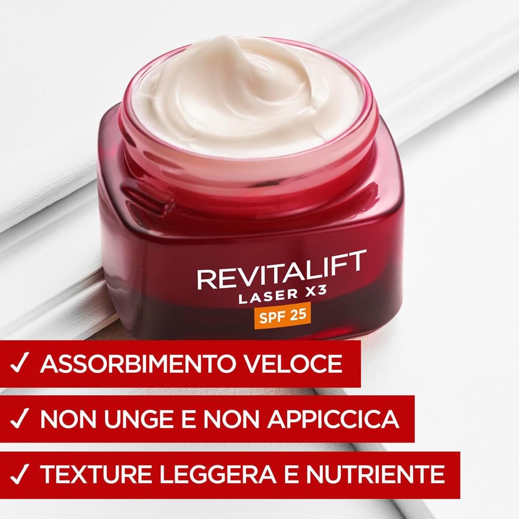 L'Oréal Paris Crema Viso Giorno Revitalift Laser, Azione Antirughe e Anti-Età, Con Acido Ialuronico, Vitamina C e Pro-Retinolo, Anti-macchie, Protezione SPF 25, 50 ml