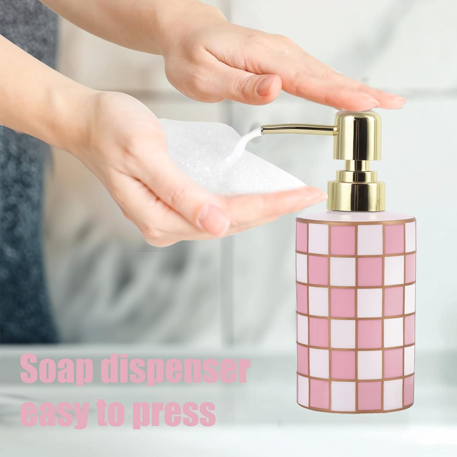 Bathroom Toothbrush Holder Set, Ceramic Checkered Soap Dispenser and Tooth Brush Holder Set, Modern Bathroom Accessories Sets Countertop, Black and White Checkered Bathroom Decor Set (Pink)