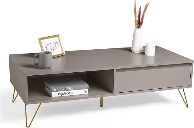 VonHaus Grey Coffee Table  Light Soft Grey Table with Slim Gold Metal Hairpin Legs, Tea Table for Lounge & Living Room with Storage Drawer & Open Shelf - Minimalist, Modern, Contemporary - Jensen