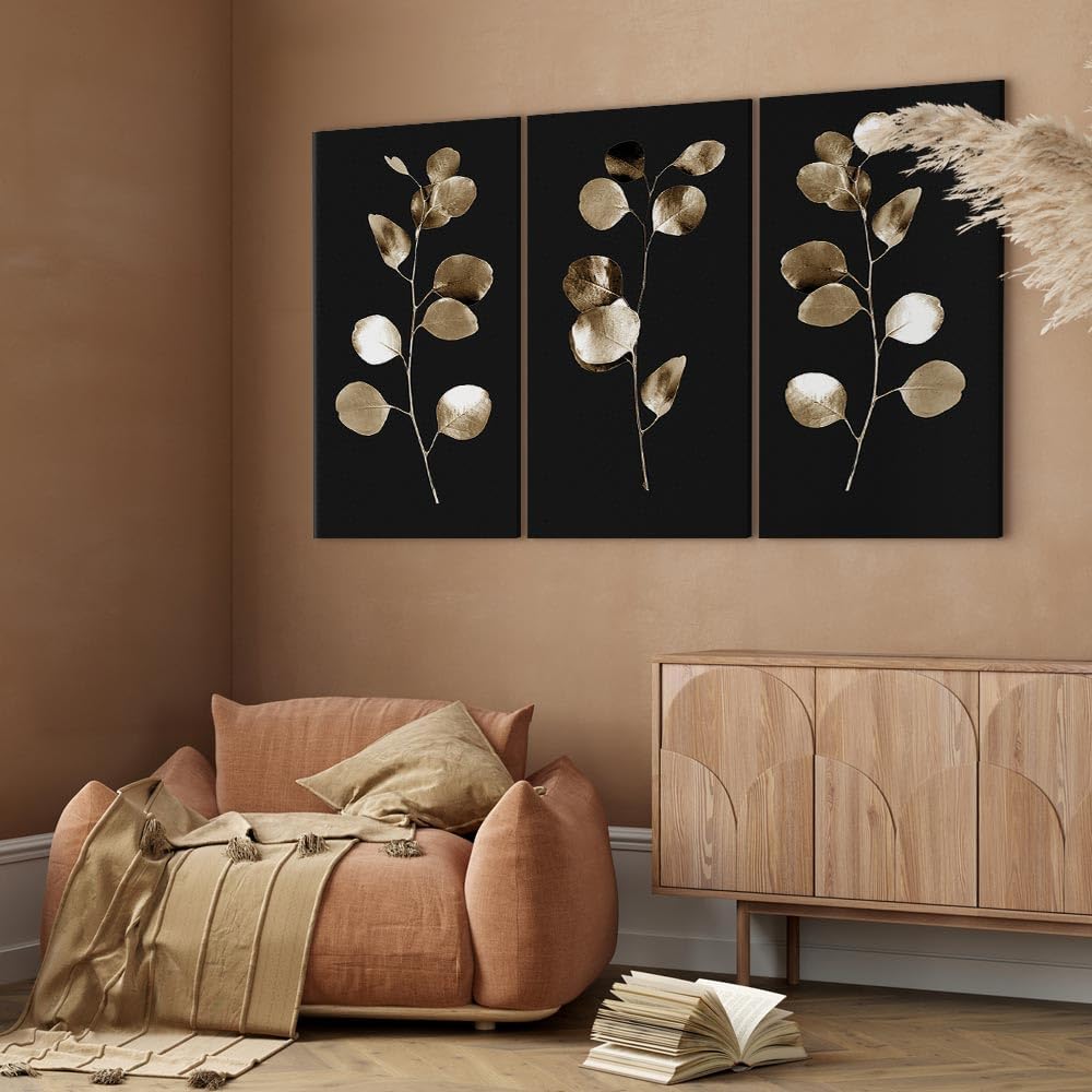 artgeist Acoustic Canvas Wall Art Branch Leaves 47x31 in - 3pcs Picture with Acoustic Foam Sound Print Artwork Room Acoustics Soundproofing Plant Motif Nature Black b-A-0751-b-e