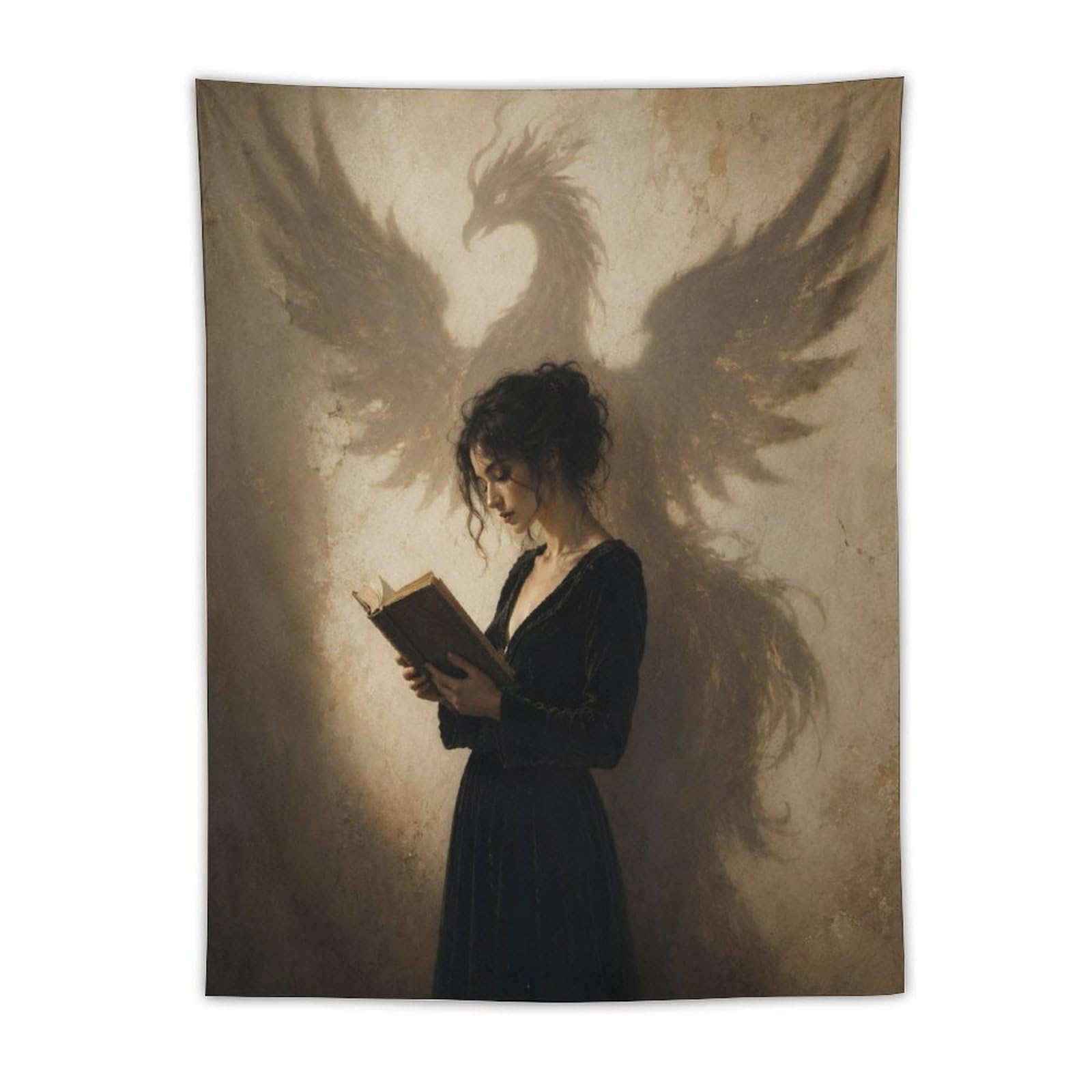 H3B8U2Y5 Woman Phoenix Shadow Wall Tapestry, Fantasy Illustration Style