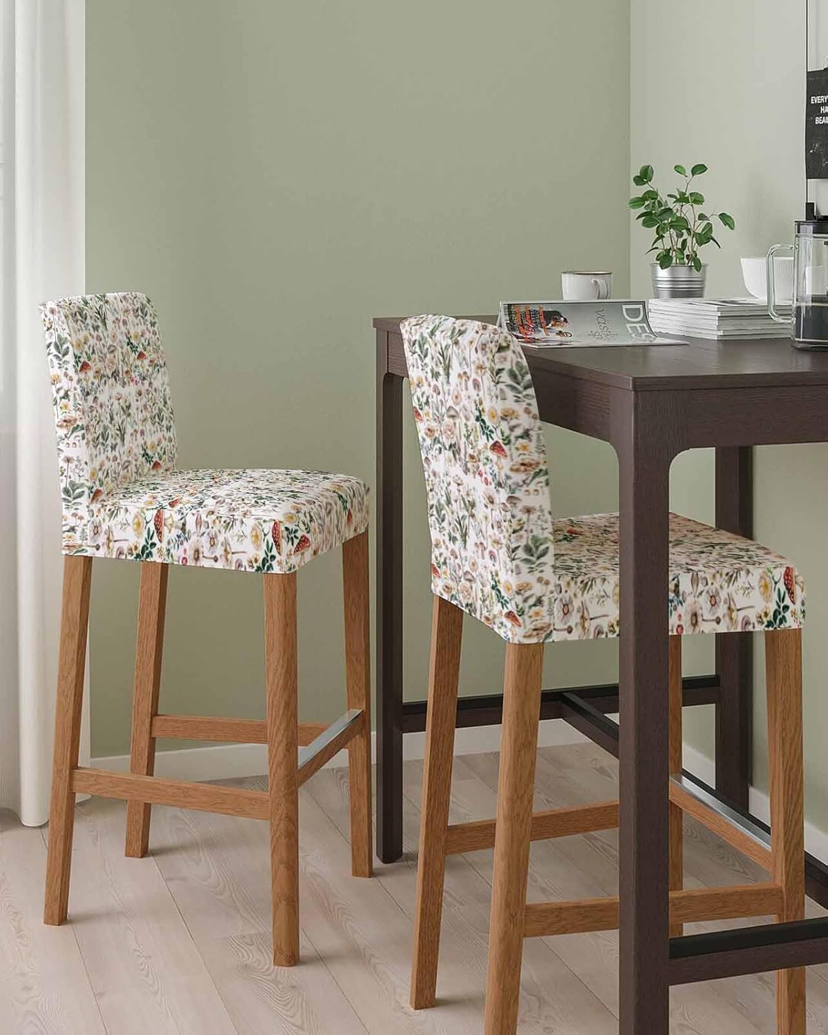 Bar Chair Stool Covers Set of 6, Pastoral Botanical Stretch Washable Removable Bar High Chair Cover, Rustic Mushroom Spring Summer Flowers Elastic Bar Chair Protector for Kitchen/Restaurant