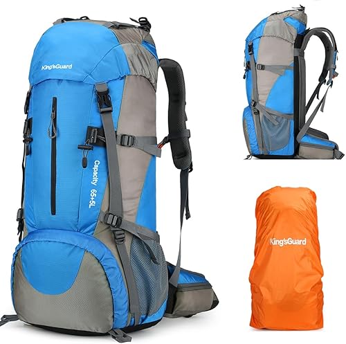 King'sGuard Mochila de senderismo 70L con cubierta de lluvia Mochila de viaje ligera Mochila de camping impermeable, Azulclaro, Mochilas de viaje