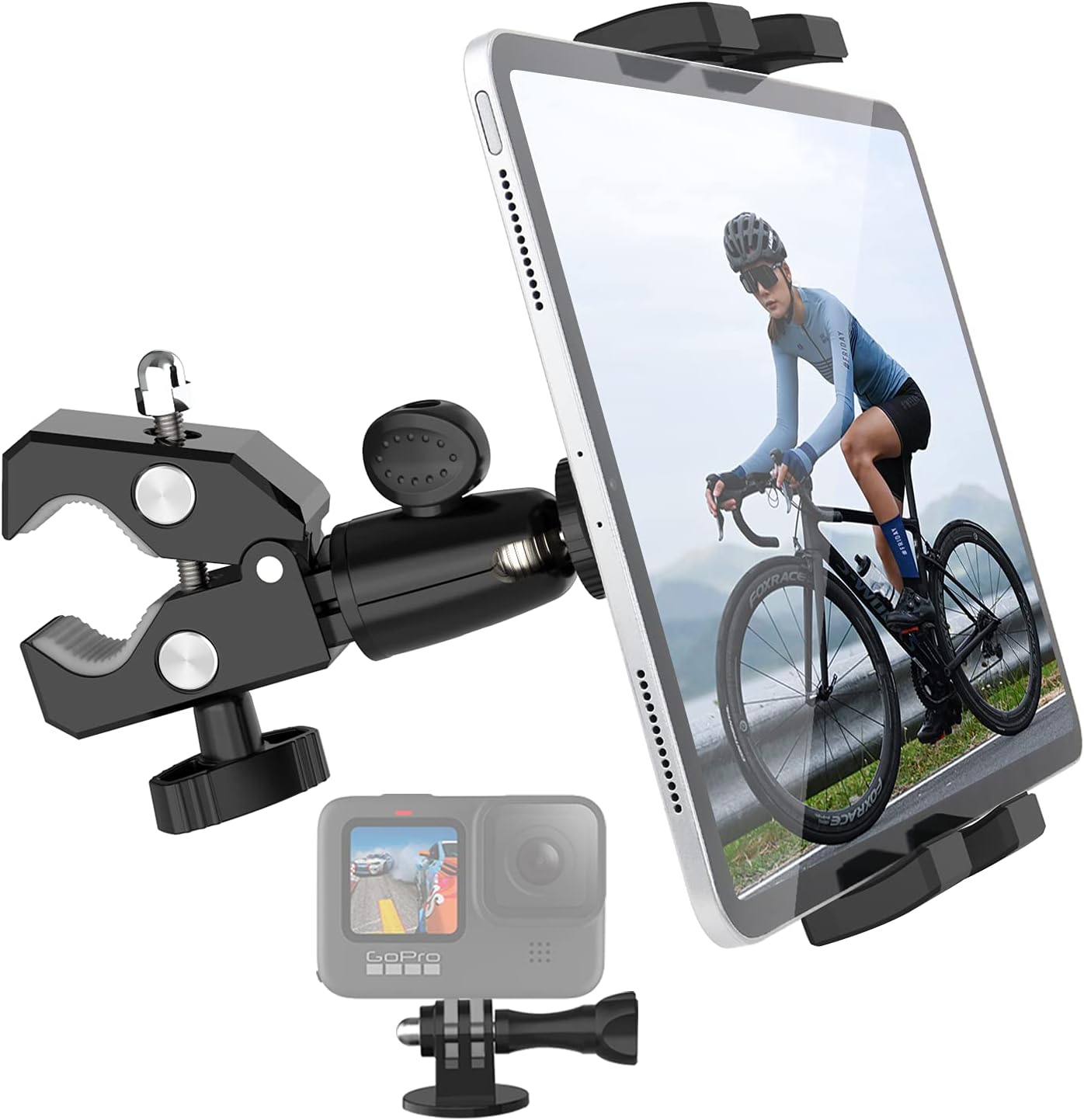 Bike Tablet & Camera Mount, EXSHOW Heavy Duty Aluminum Motorcycle Tablet Holder, Exercise Bicycle Tablet Handlebar Mount for iPad Pro 12.9/ Air/Mini, Galaxy Tabs, iPhone, GoPro HERO and More Devices