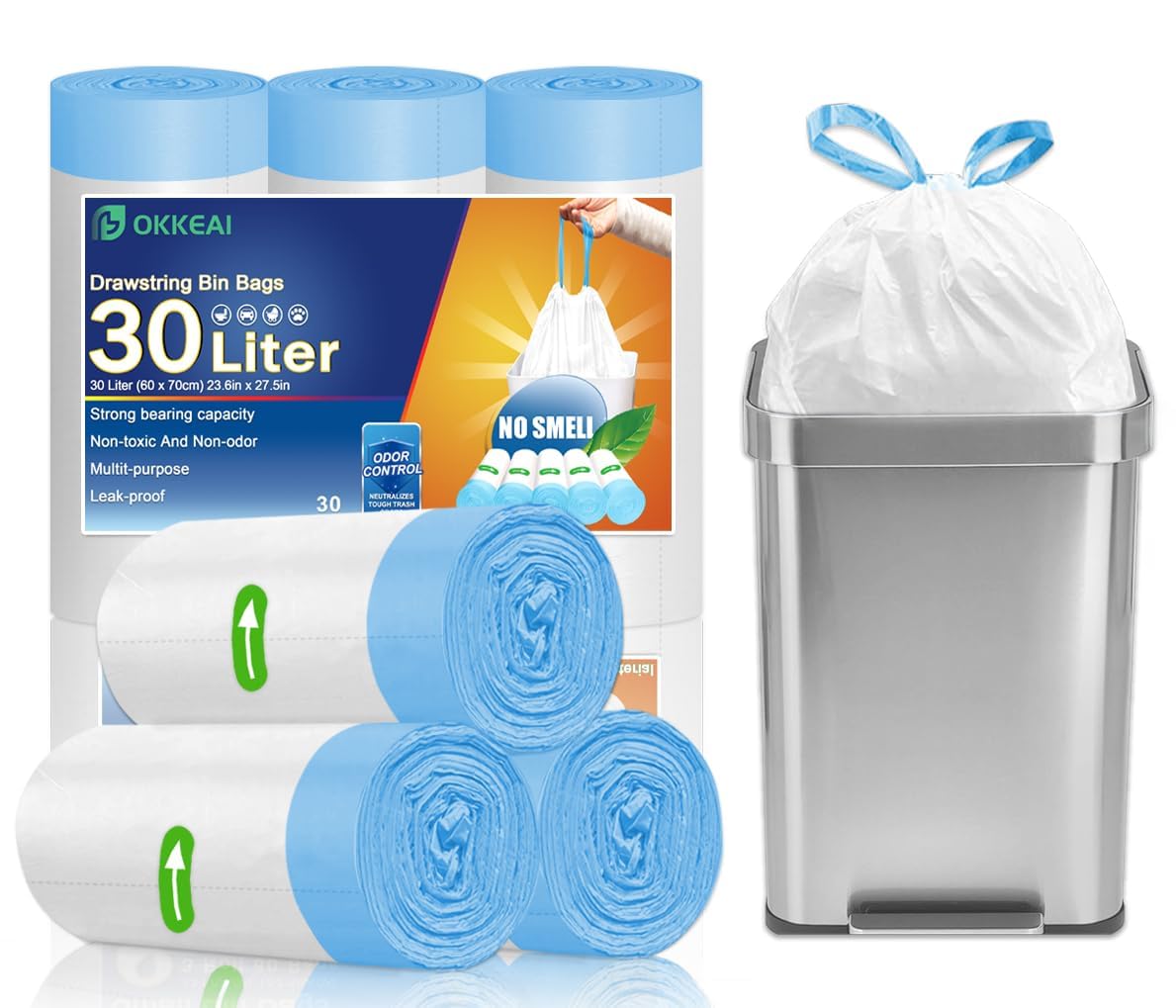 OKKEAI Drawstring Bin Bags 30l Bin Liners White Kitchen Trash Bags Tie Handle Pedal Swing Waste Bags 30 Counts Strong Large Garbage Bags for Garden,office,Fit 23L,25L,35L Tall Rubbish Bin