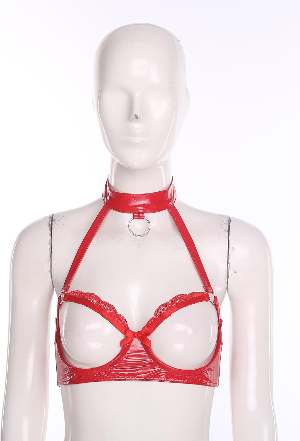 Jugaoge Womens Glossy Leather Sexy Bra Tops Hollow Out Bralette Floral Lace Shelf Lingerie Brassiere