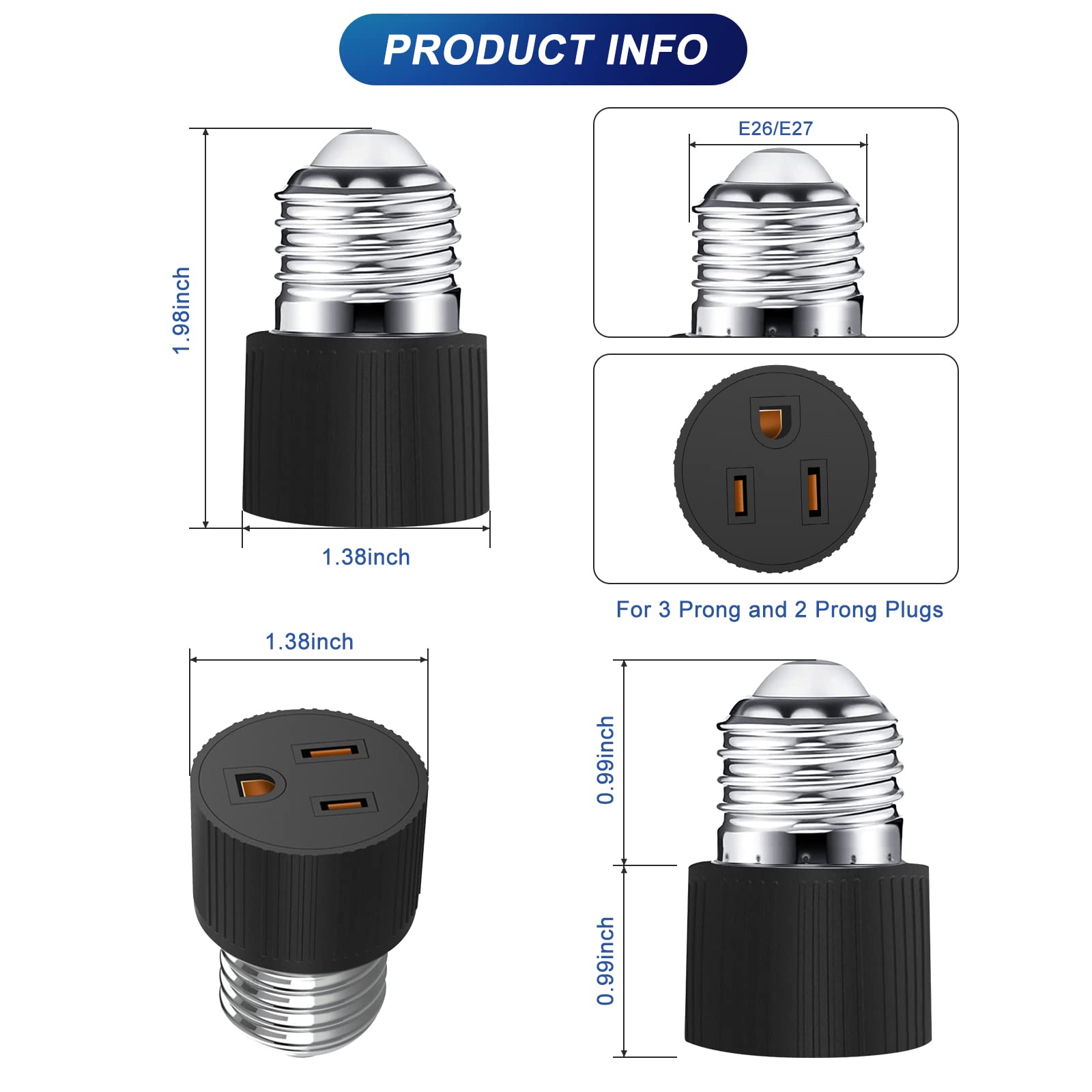 Two Prong Light Bulb Fixdono 2-Pack E26 Light Socket To 3-Prong Plug ...