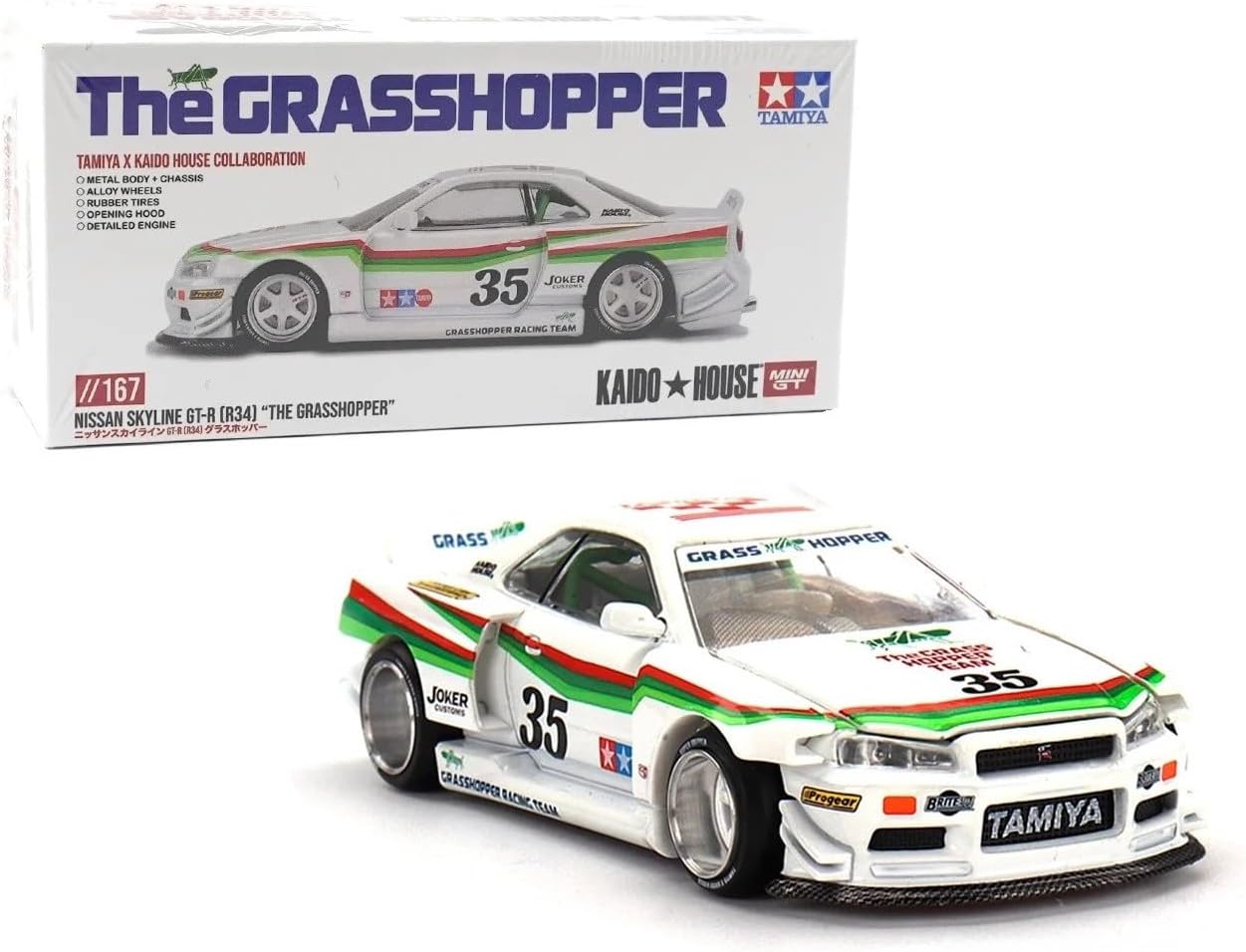 1:64 Diecast Model Car Compatible with Nissan Skyline GT-R (R34) Tamiya X Kaido House “The Grasshopper” V1 White Limited Edition by Kaido House x Mini GT KHMG167