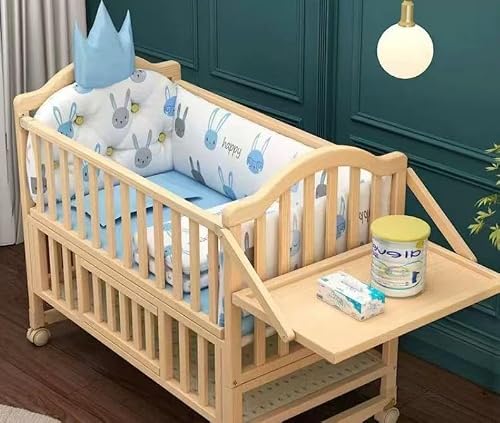 Wooden Baby Crib with Wheels, 3-in-1 Convertible Bedside Sleeper, Natural Wood, Adjustable Height