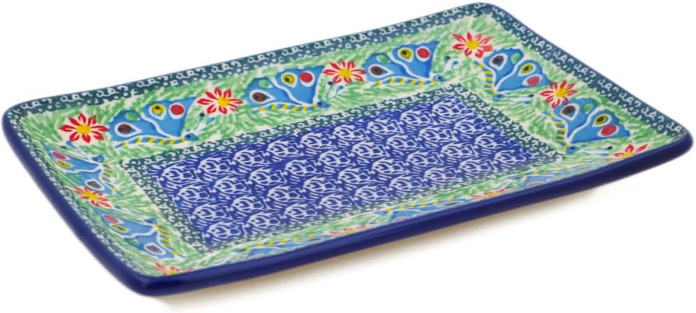 Polmedia Polish Pottery Sushi Tray UNIKAT - Ring Of Flowers Pattern Handmade in Boleslawiec Poland by Ceramika Artystyczna + Certificate of Authenticity