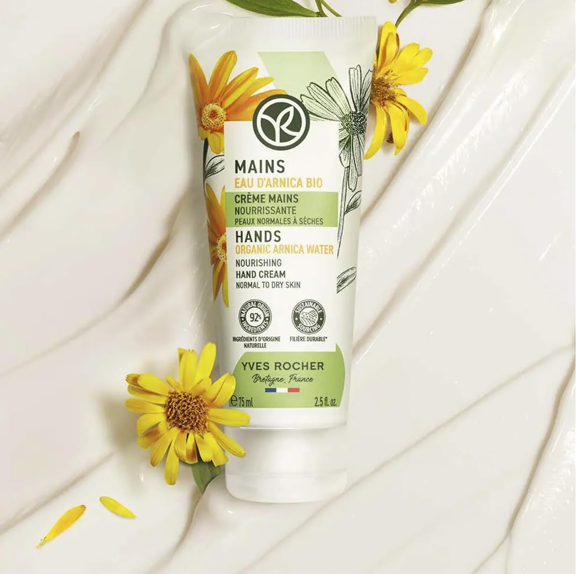 Yves Rocher PUR ARNICA Restorative Hand Cream – Set of 2 with Organic Arnica Intensive Moisturizing Hand Care for Very Dry Skin 75 ml/2.5 fl.oz