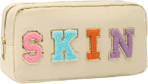 DYSHAYEN Nylon Cosmetic Bag Preppy Skin Care Bag Makeup Bag for Women Travel Toiletry Organizer with Chenille Letter Patches Beige-SKIN