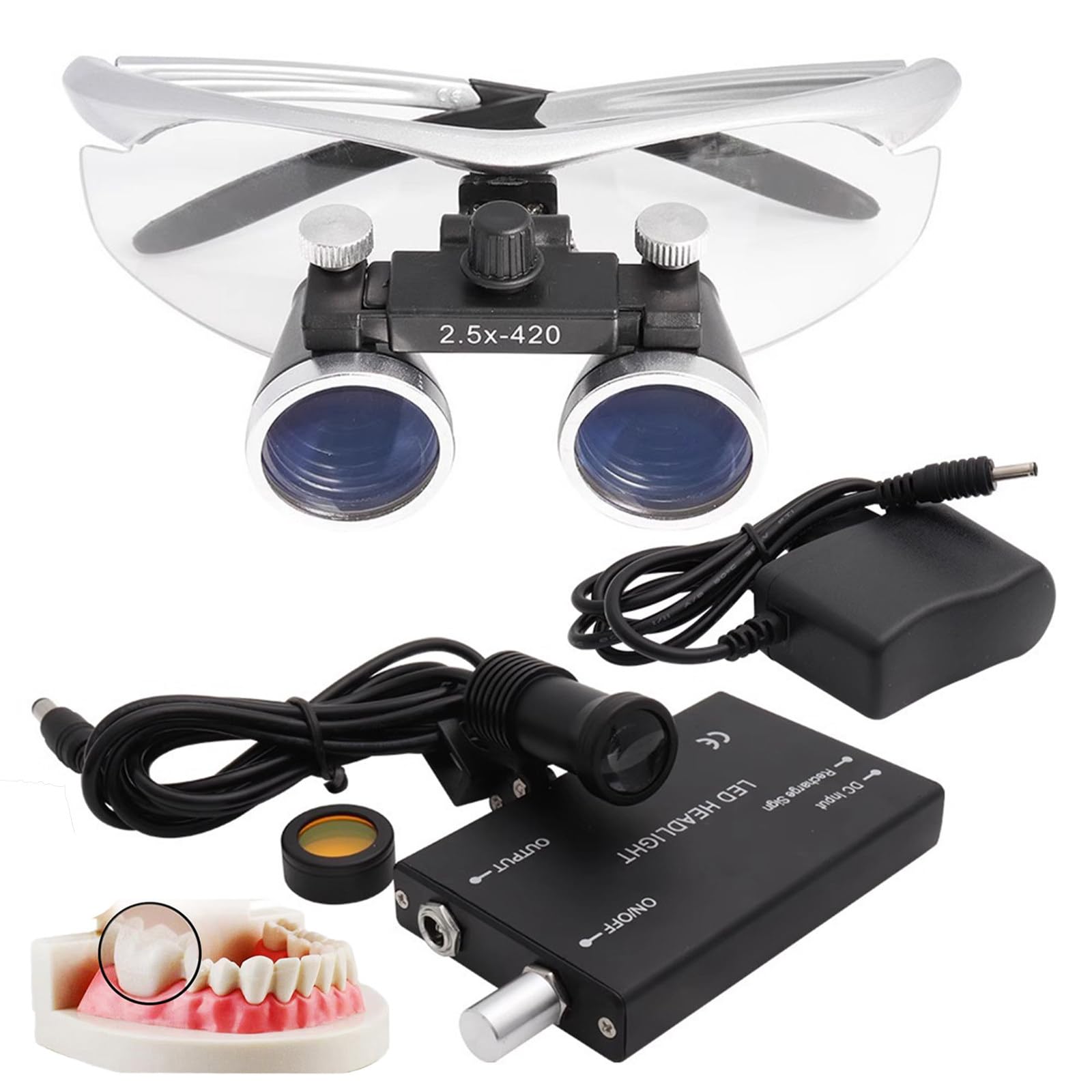 Surgical Binocular Loupes, 2.5X / 3.5X Magnification Working Distance 420mm Safety Goggle, Ultra-lightweight Dental Surgical Loupe Lab Equipment, With Wireless 5W Headlamp & Filter Silver-2.5X