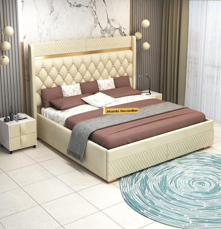 Image of MAMTA DECORATION Solid Wood Queen Size Bed with Box Storage | Premium Velvet Upholstered Tufted Headboard Palang Cot Bed | Modern Wooden Double Bed for Bedroom, Home, Hotel & Guest Room | Beige Finish