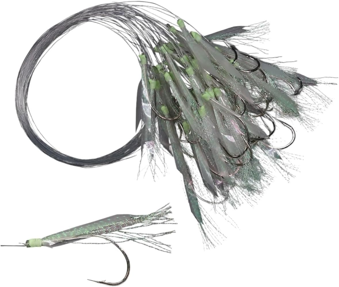 100PCS Offshore Angler Flash Fish Skin Sabiki Rigs with Nylon Leader Barbed Hook for Saltwater Fly Fishing Lure 6#~28#
