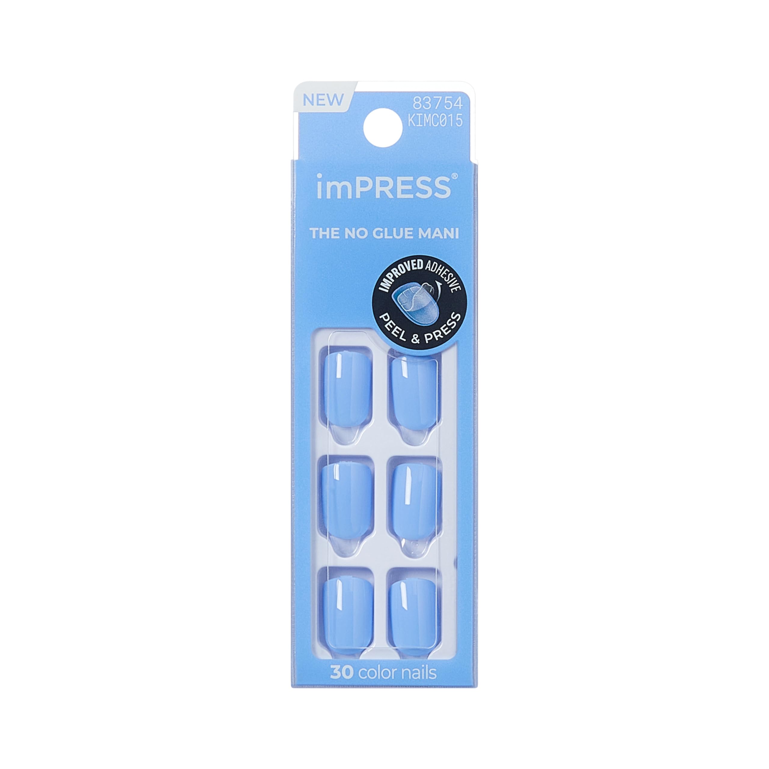 KISS imPRESS No Glue Mani Press On Nails, Color, 'Baby why so Blue', Blue, Short Size, Squoval Shape, Includes 30 Nails, Prep Pad, Instructions Sheet, 1 Manicure Stick, 1 Mini File