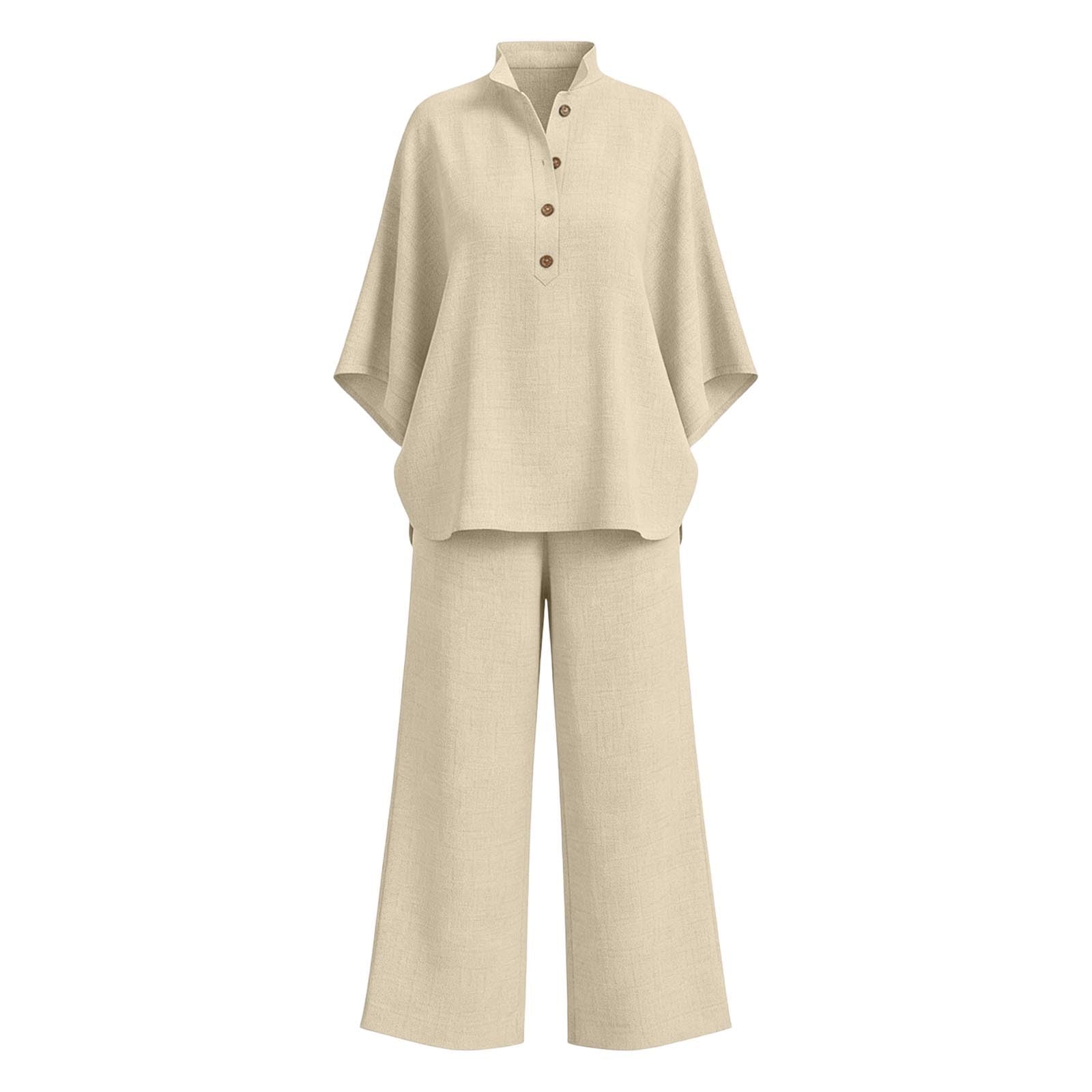 Conjunto Mujer Dos Piezas Verano Elegante Lino Chandal Casual Cómodo Blusa Manga 3/4 y Pantalones Completo Primavera Holgado Talla Grande Conjuntos Deportivos Cuello en V Playa Chándal Vacaciones