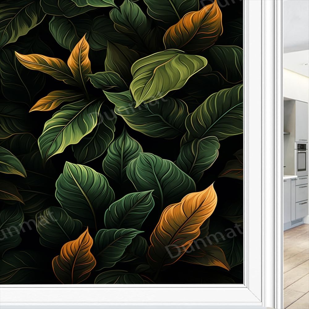 Rustic Fern Leaf Stained Glass Window Film Water Drops Plant Leaves Nature Privacy Window Film Glass Door Covering Self-Adhesive Window Stickers for Bathroom Kitchen 23.6Wx35.4L inch