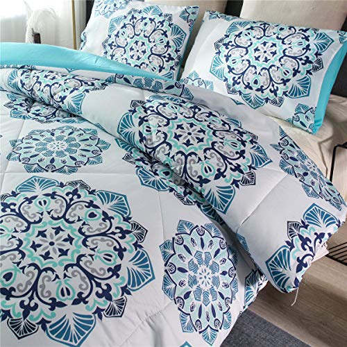 Ntbed Bohemian Comforter Set Queen (90''X90'') Boho Chic Medallion Printed Quilt Teal Aqua Blue Mandala Microfiber Bedding Sets For All Season #TOP3
