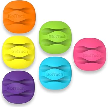 iGotTech Cable Clips and Cord Management System 6 Pack of Dual Slotted Adhesive Desktop Cable Organizers | Phone & Computer Wire Holder Multicolor