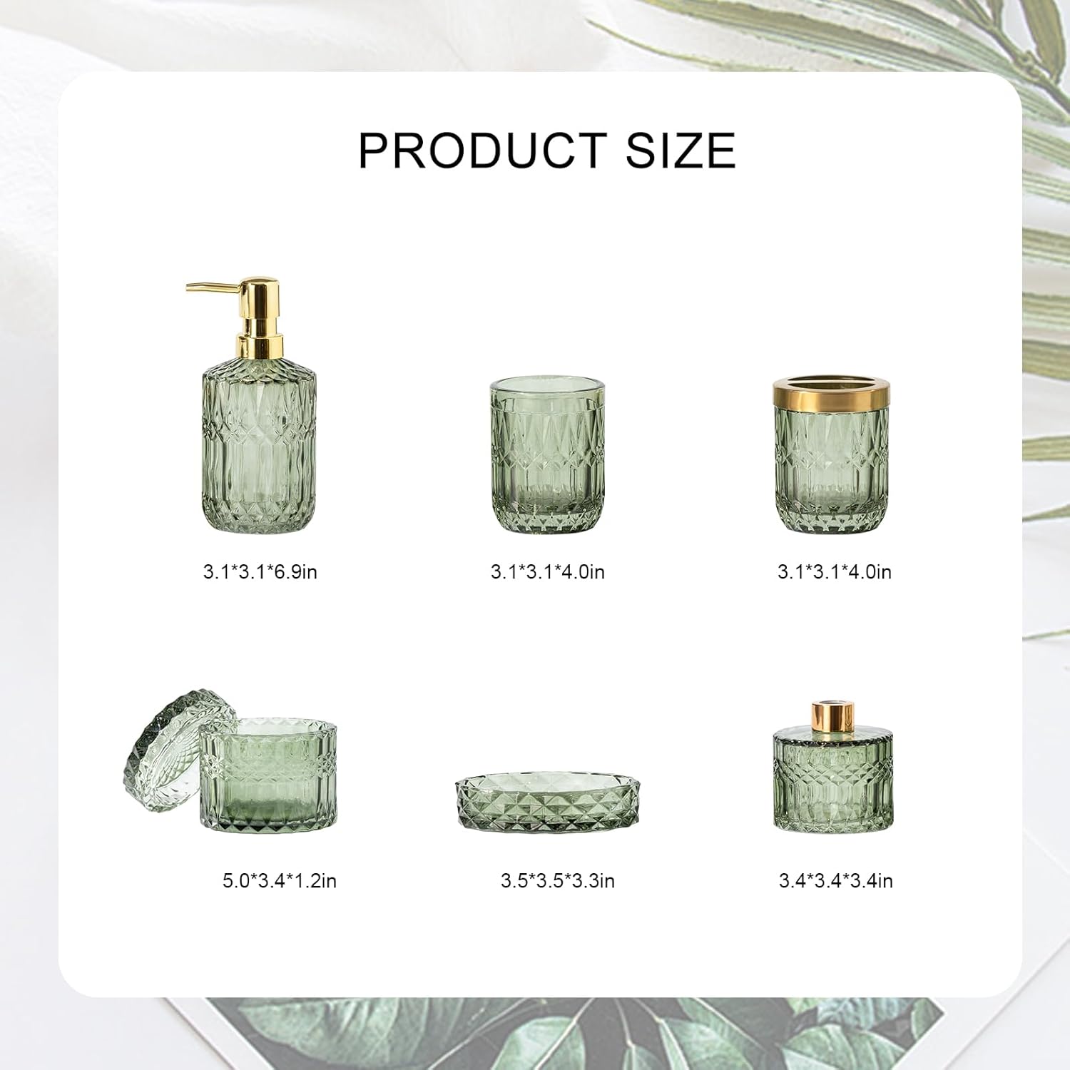 HJ 7PCS Glass Bathroom Accessories Set,Green Heavy Glass Bathroom Decor (Lotion Soap Dispenser,Aromatherapy Bottle,Soap Dish,Toothbrush Holder,Tumbler,Cotton Swab Jars) Modern Crystal Gift